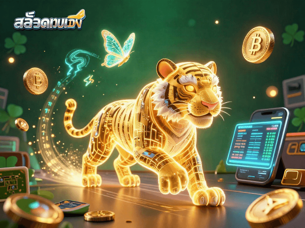 Engage with สล็อตเว็บตรง for exciting casino adventures featuring a neon tiger and digital elements.