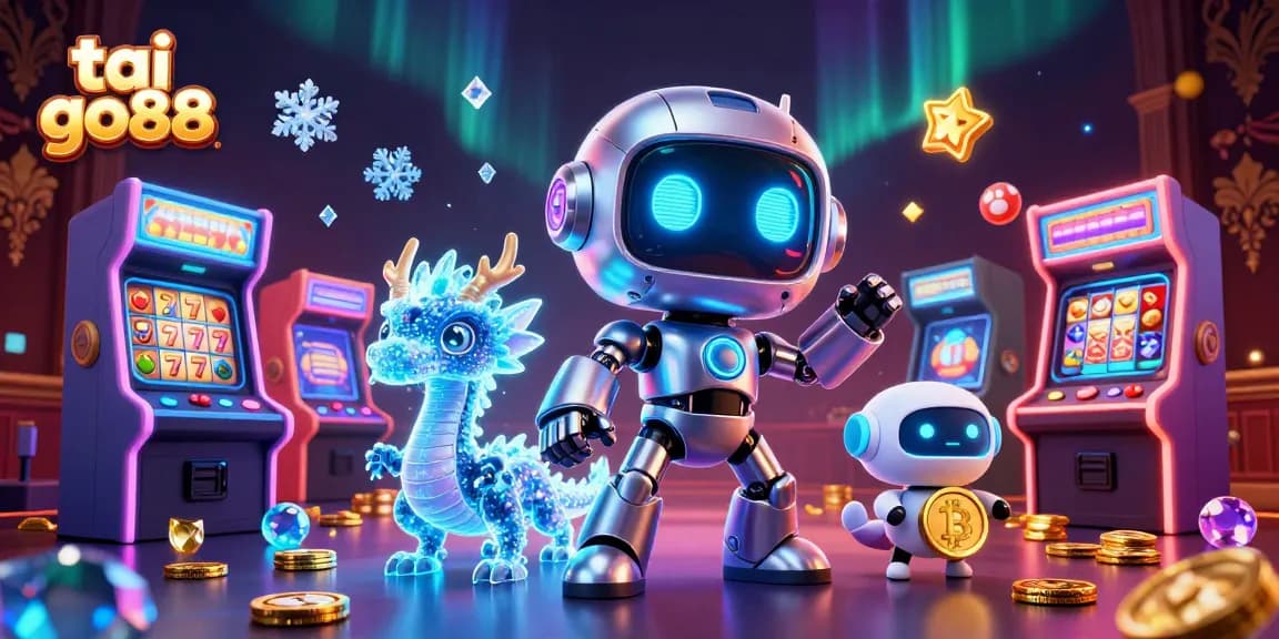 Tai go88 showcases a vibrant casino environment with a colorful 3D robot mascot, holographic dragon, and bitcoin drone.