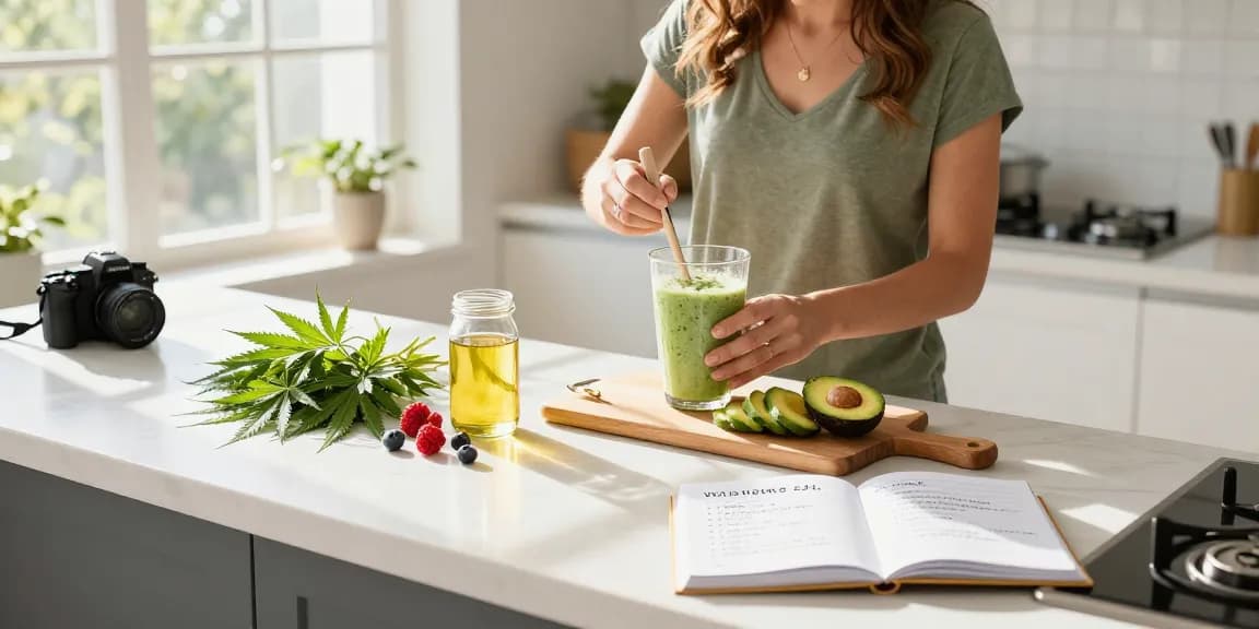 Properloud CBD oil and fresh hemp leaves in a serene wellness kitchen setting.