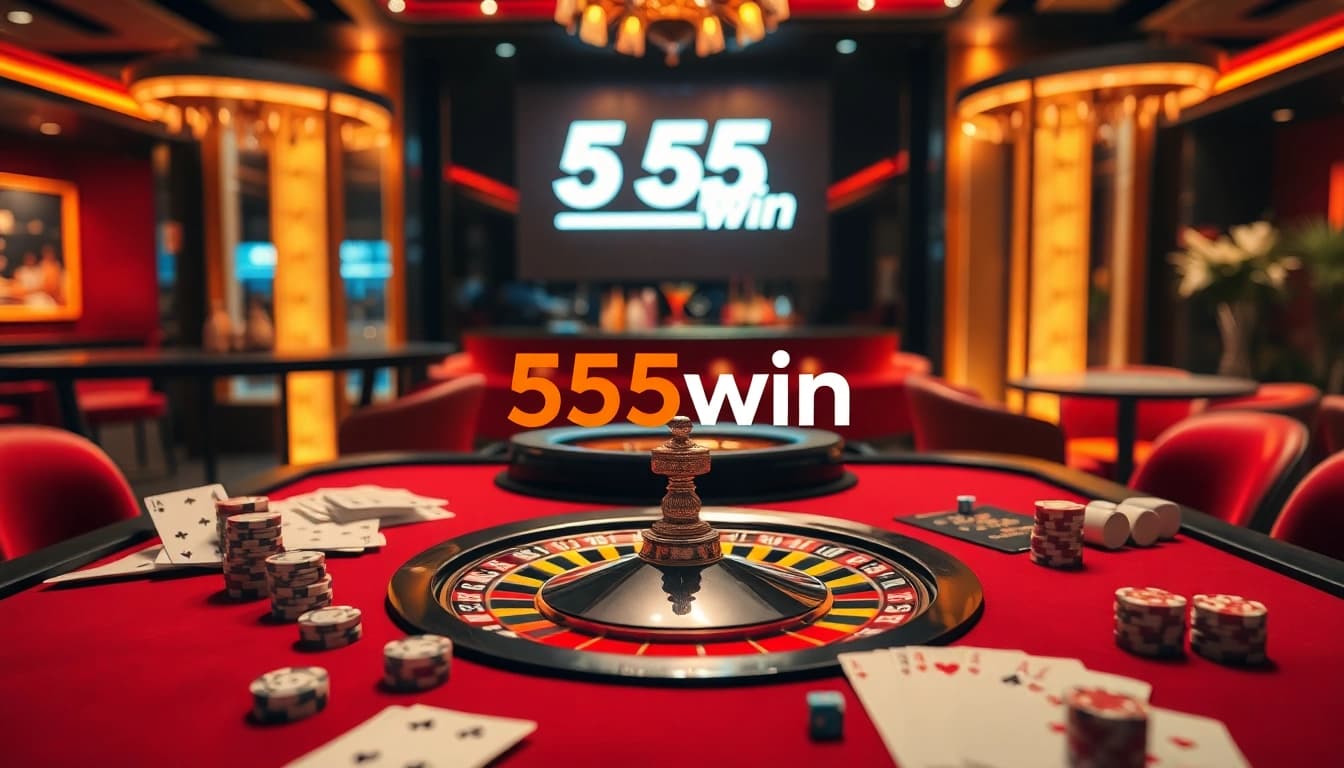 Engage with the excitement of 555win at a high-stakes casino table, filled with poker chips and cards.