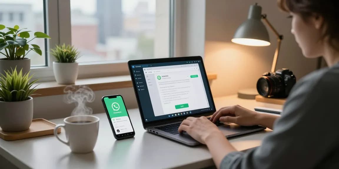Using WhatsApp電腦版 on a laptop in a cozy home office setting with coffee and plants.