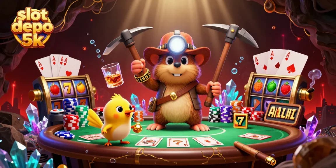 Engage with slot depo 5k adventures, featuring dynamic characters amidst vibrant casino elements.