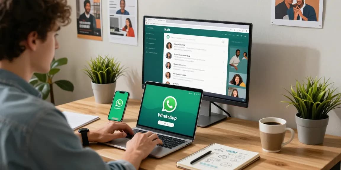WhatsApp電腦版 in a modern home office with a professional using a laptop and smartphone.