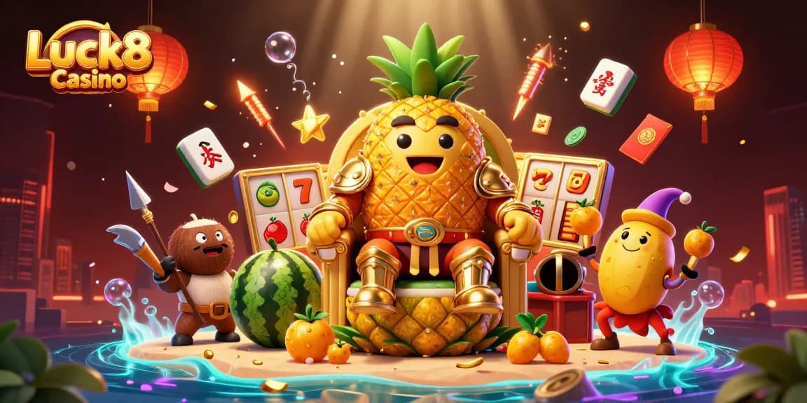 Experience the vibrant Luck8 Casino with a golden pineapple king and dynamite slots.
