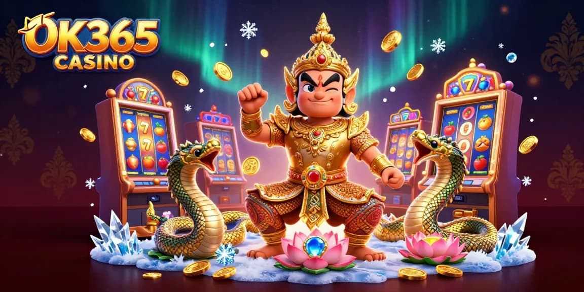 Engage with the thrilling OK365 CASINO atmosphere featuring dynamic slot machines and guardian elements.
