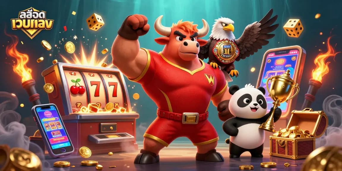 Spin to win with สล็อตเว็บตรง as a 3D bull, eagle, and panda celebrate casino victories!