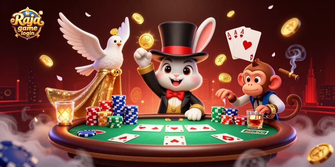 Engage with Raja game login through fun cartoon characters at a lively poker table.