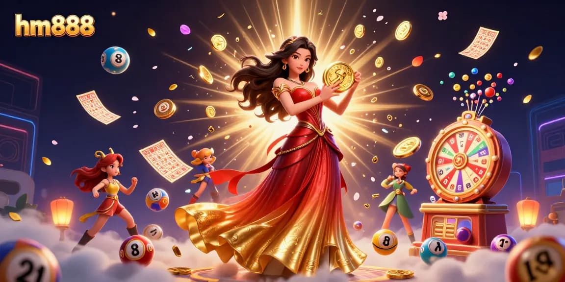 Win big with hm888 in this vibrant illustration featuring luxury casino elements.