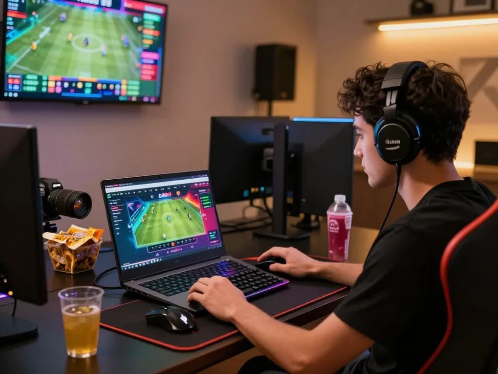 Engaged player enjoying 8kbet online gaming with vibrant visuals in a dynamic gaming setup.