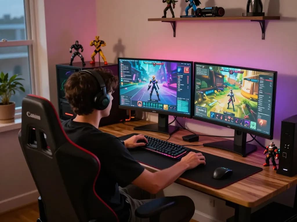Engaging session of NSFW games gameplay on a dual monitor setup showcasing vibrant adult game topics, relaxed atmosphere.