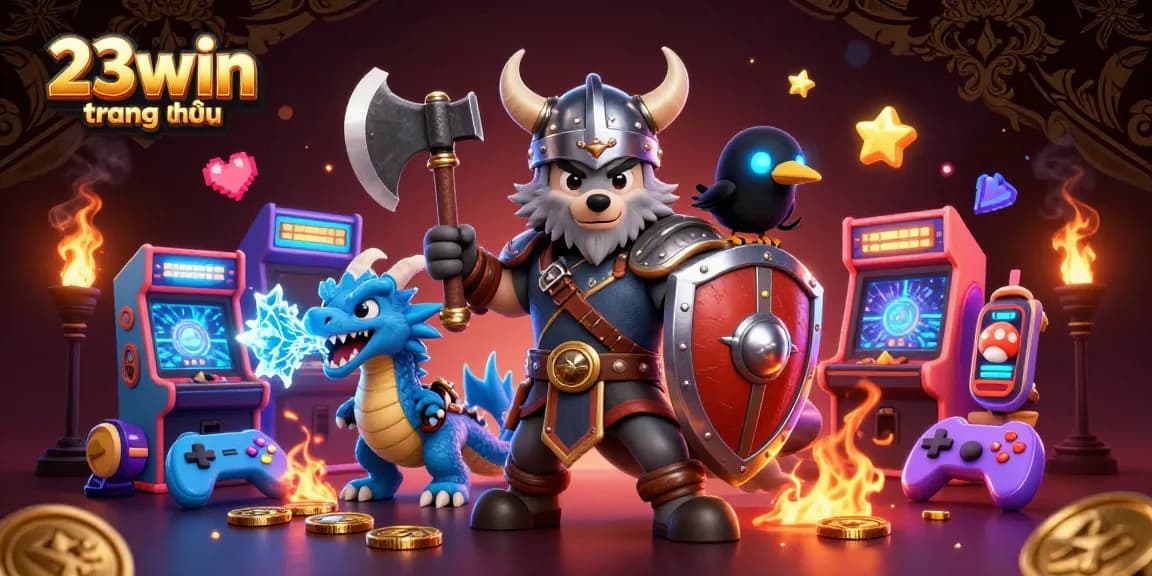 Experience vibrant gaming at 23win trang chủ with Viking warriors, dragons, and colorful arcade elements.