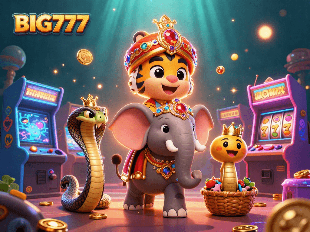 Spin the reels with BIG777 in a vibrant casino scene featuring a royal tiger, elephant, and riches.