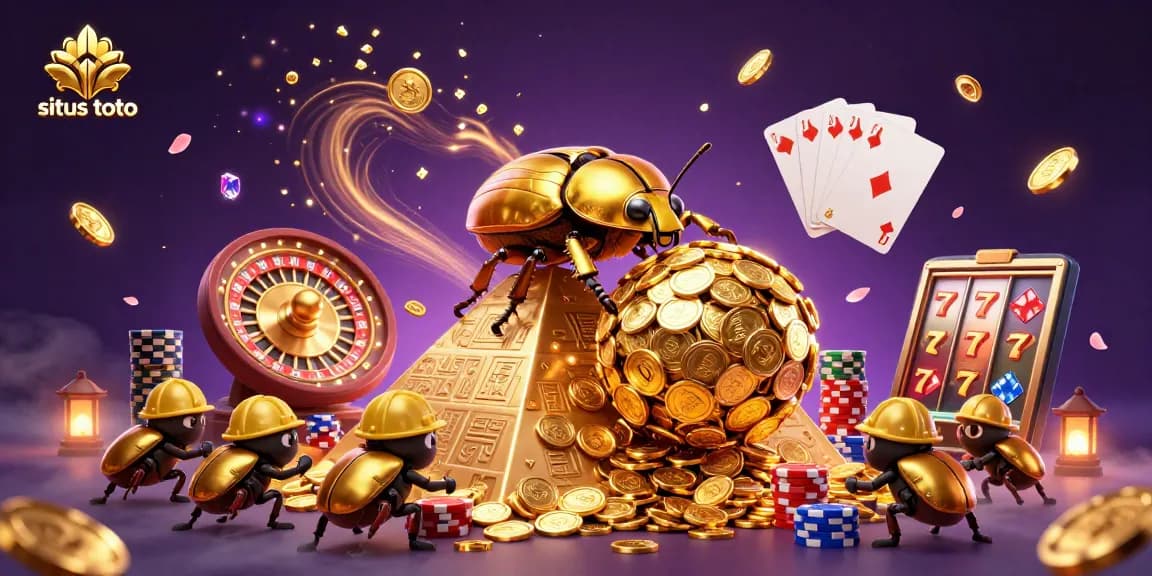 Experience the thrill of situs toto with golden coins cascading and beetles rolling in a vibrant casino world.