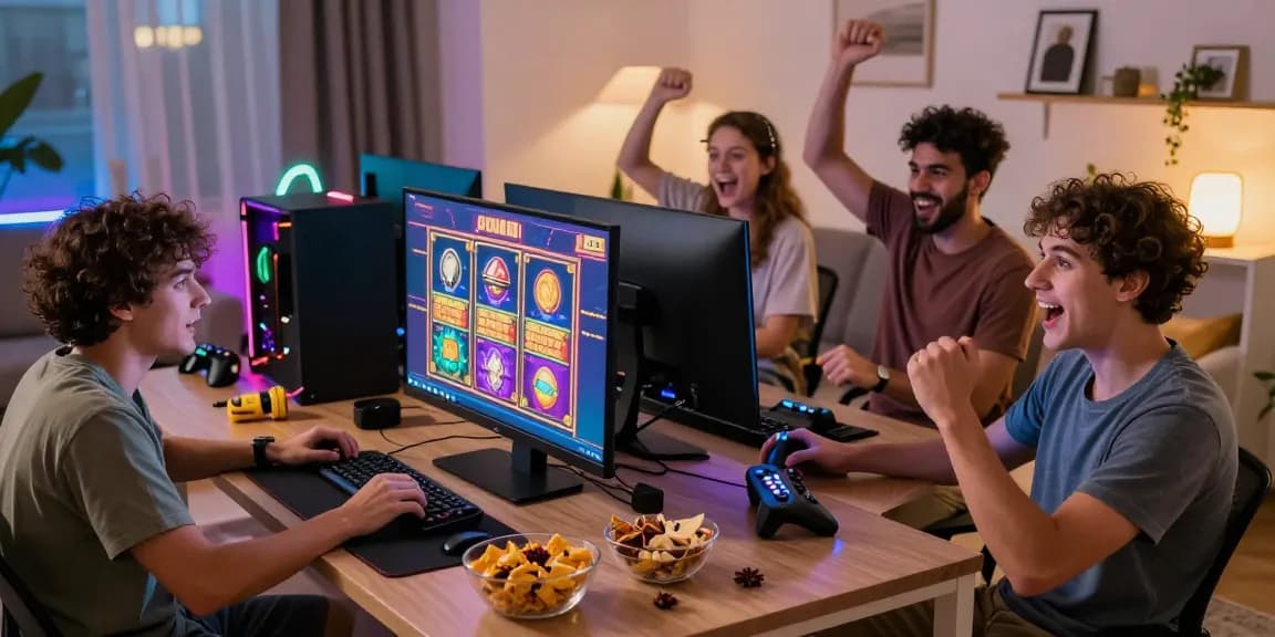 Engaging online gaming scene showcasing friends enjoying slot depo 1000 gameplay in a vibrant and cozy atmosphere.