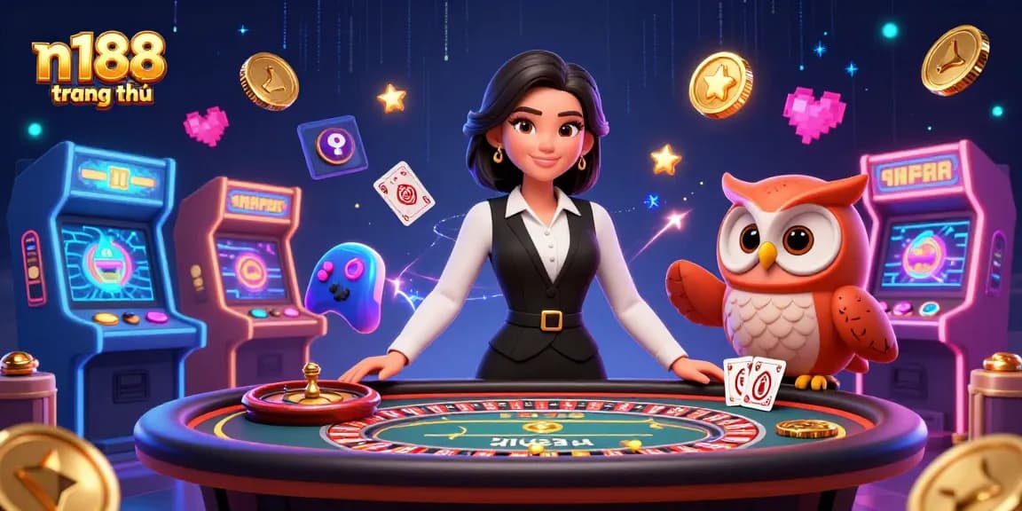 Engage in exciting gameplay at n188 trang chủ with a vibrant casino scene featuring charismatic dealers and gaming elements.