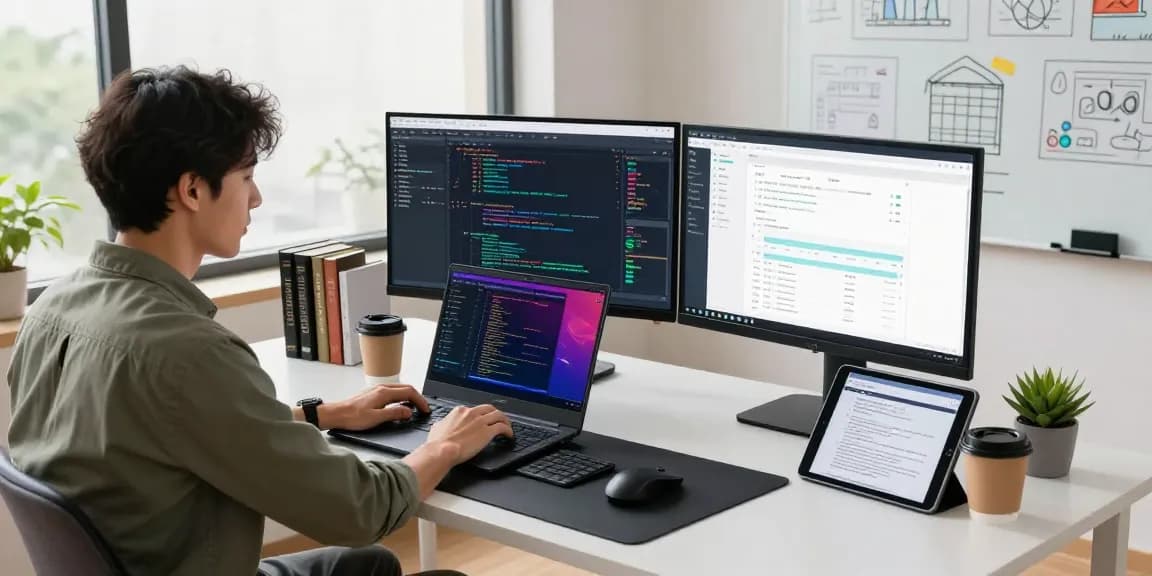 Developer coding at a modern workspace in the WPS Official Website context, showcasing productivity tools and tech gadgets.