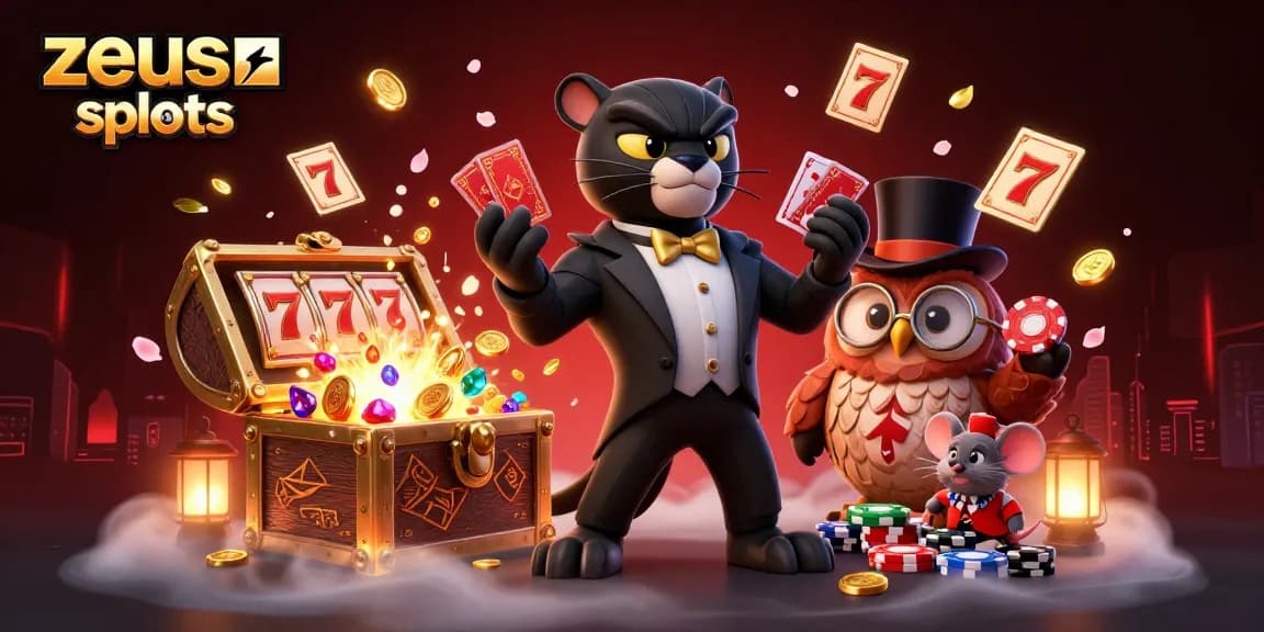 Experience thrilling zeus slots action with stylish cartoon characters in a vibrant casino setting.