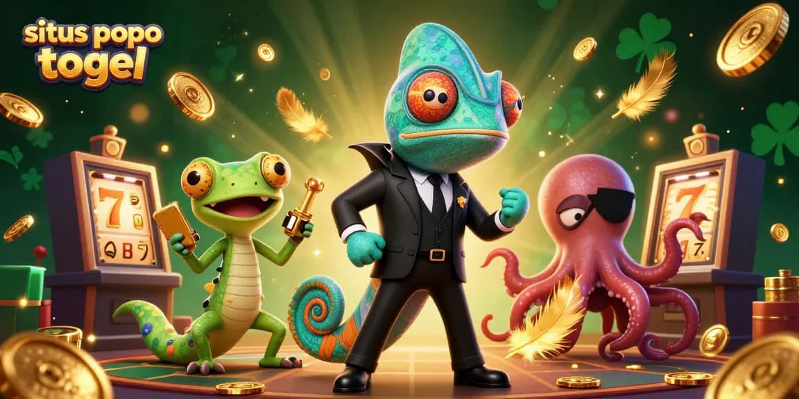 Situs popo togel showcases thrilling cartoon characters amidst a lively slot machine scene.