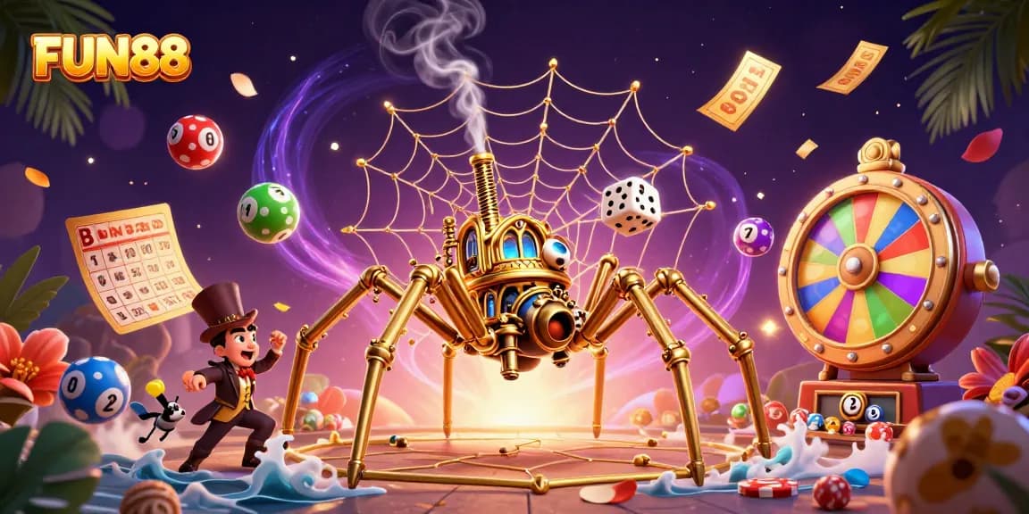 Catch the excitement with FUN88's vibrant lottery action featuring a golden spider and playful elements.