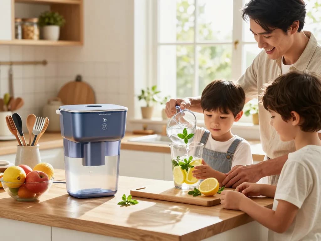 Family preparing a refreshing drink with the Waterdrop Plus WDP-F19C Replacement for GE® RPWFE® filter in a bright kitchen.