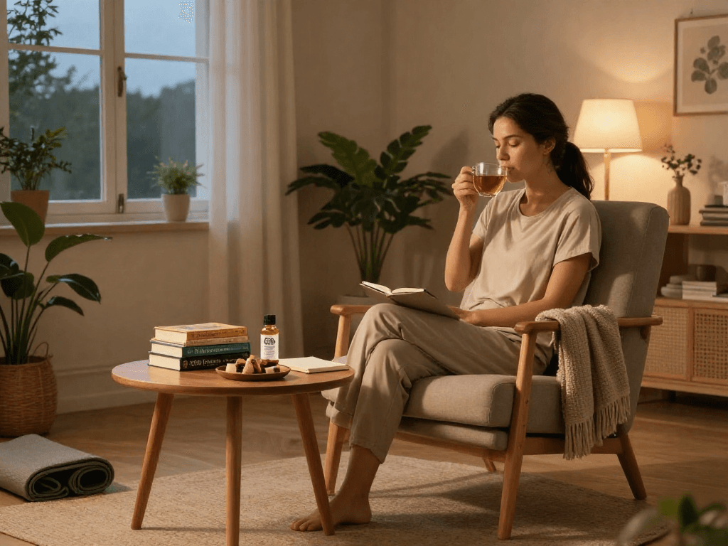 Buy edibles online with premium CBD infused herbal tea and wellness products in a cozy living room.