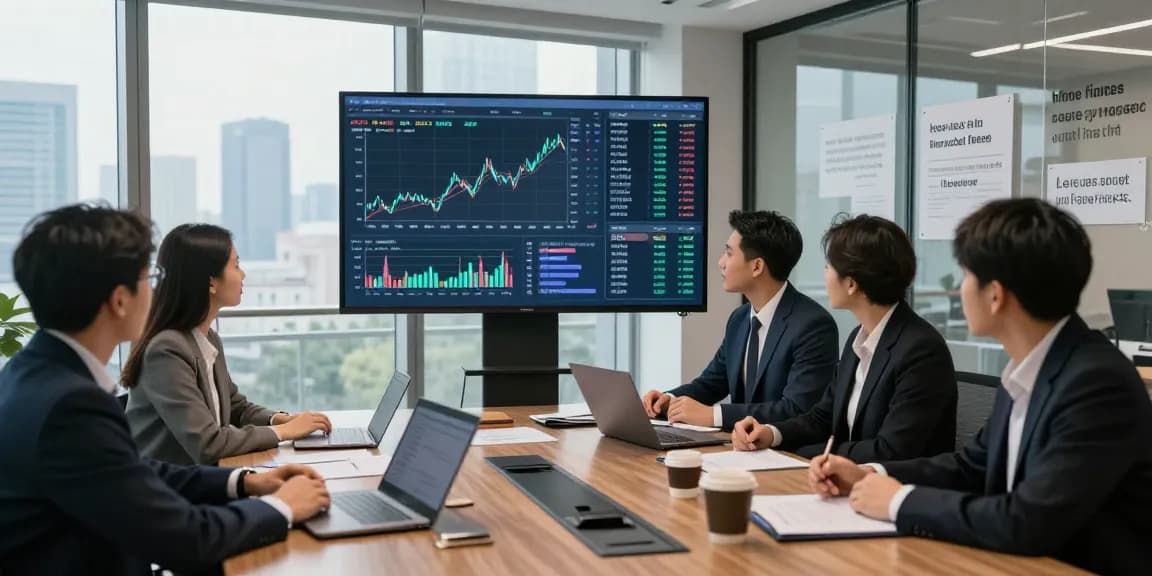 Financial analyst engaged in asset tracing discussions in a modern office setting