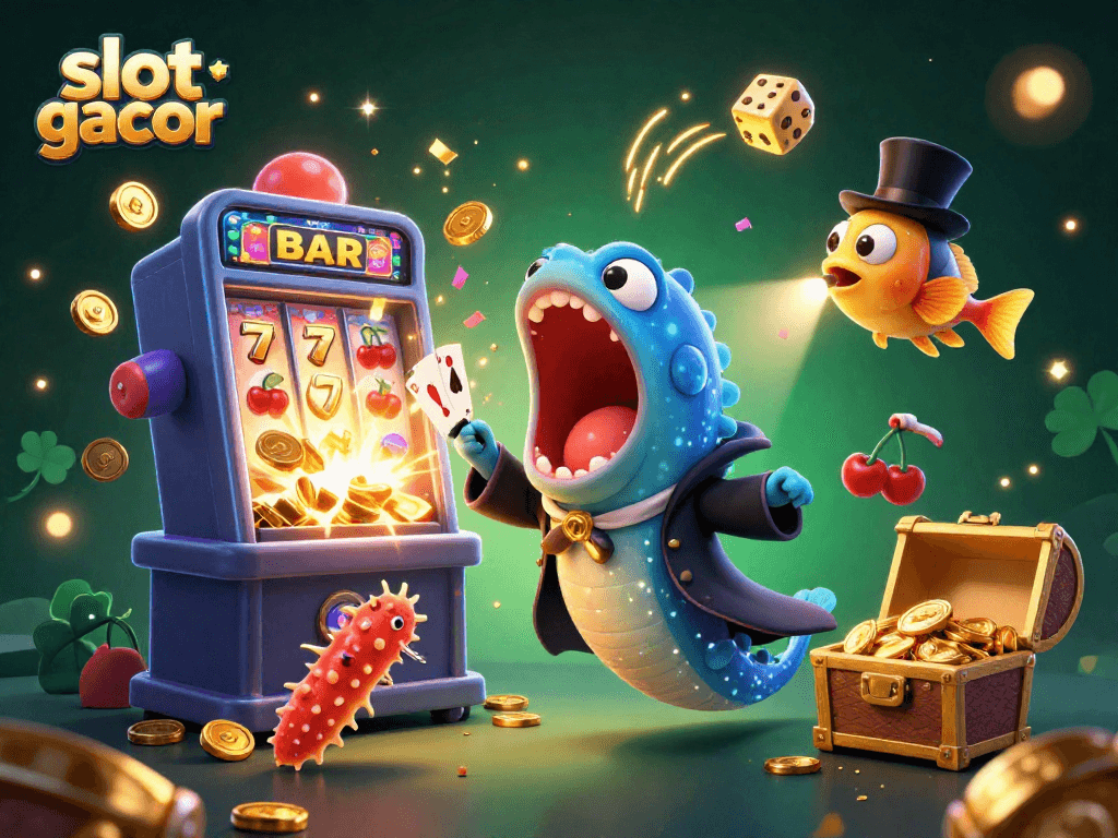 Play slot gacor with a vibrant 3D illustration featuring winning characters and jackpot symbols.