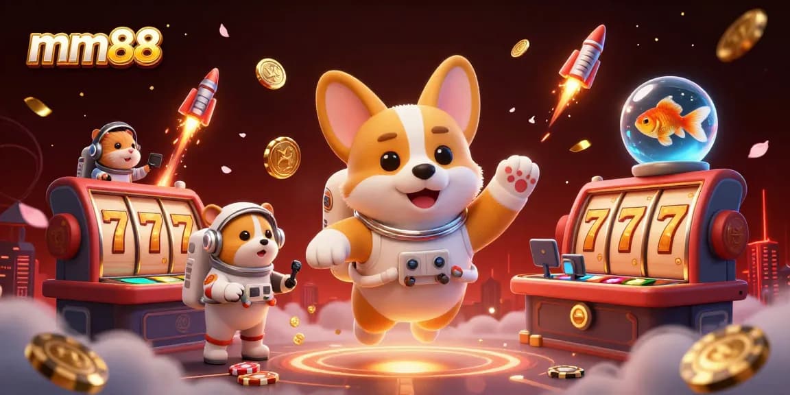 Experience jackpot thrills at mm88 with a floating corgi and dazzling casino elements.