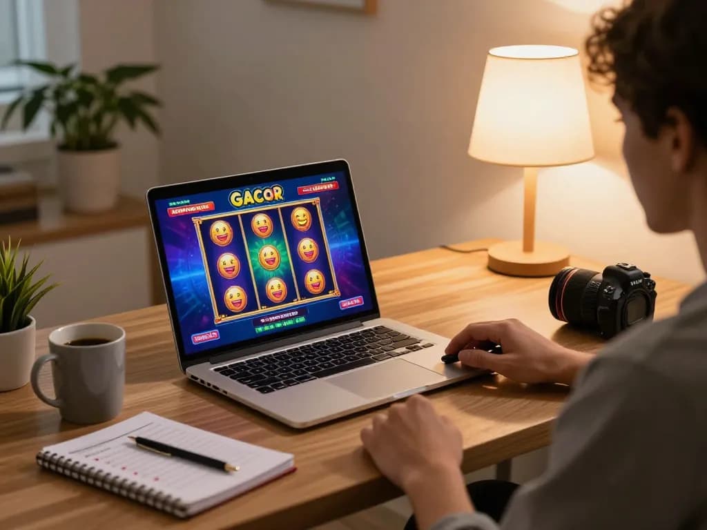 Engaged player experiencing slot gacor excitement on a laptop in a cozy home setup.