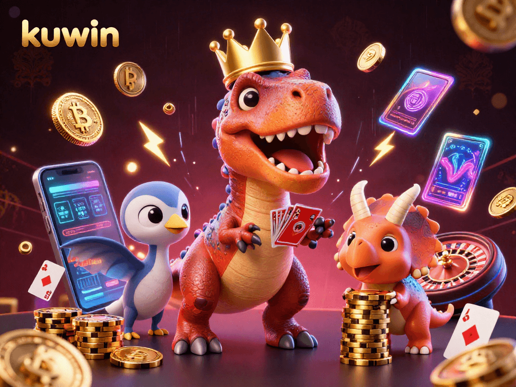 Win at kuwin's live casino with friendly dinosaurs and crypto elements in a vibrant 3D scene.