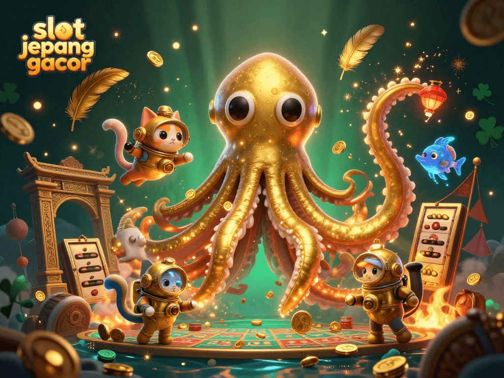 Engage with slot jepang gacor in a vibrant casino scene featuring a kraken and diving cat.
