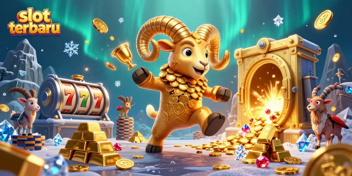 Spin slot terbaru with vibrant golden ram and treasures glowing in a casino scene.