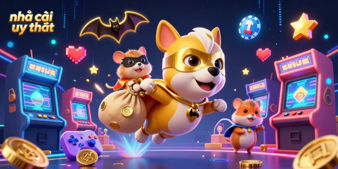 The superhero dog flies with gold coins, showcasing nhà cái uy tín in a vibrant casino scene.