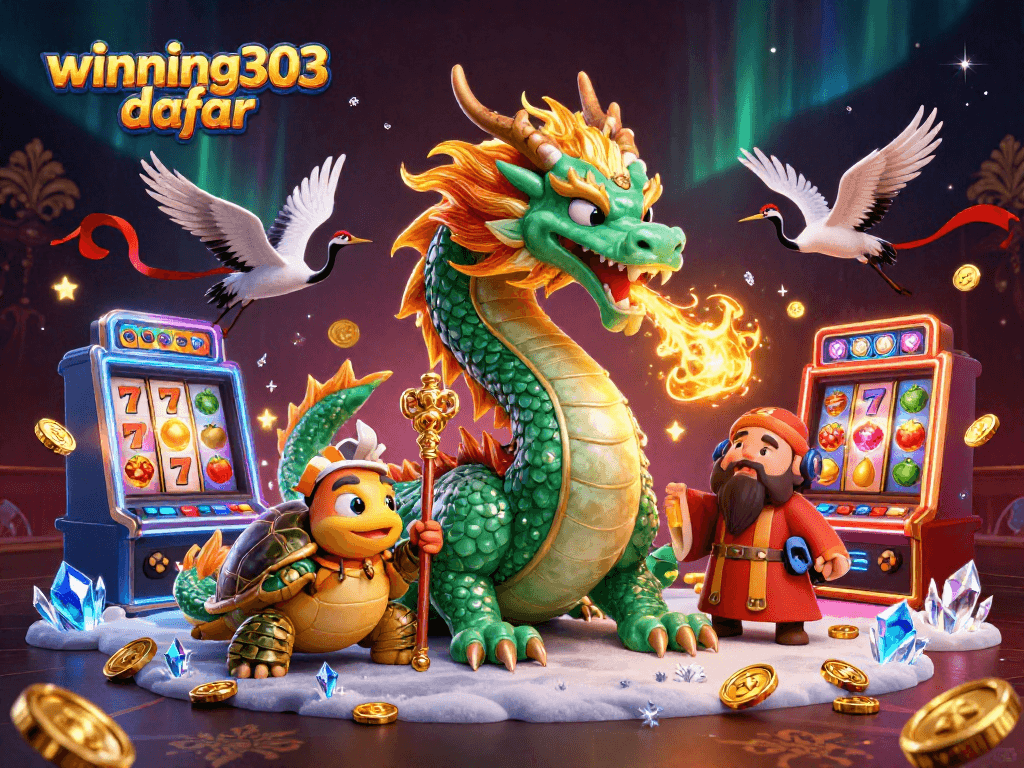 Engage with the thrilling winning303 daftar experience through a vibrant casino scene featuring lucky dragons and joyful gaming elements.