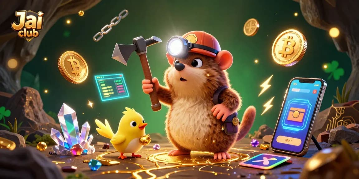Engage with Jai club's vibrant atmosphere featuring treasure hunter mole and crypto elements.