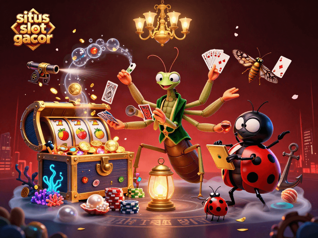 Engage players with situs slot gacor featuring a lavish 3D casino scene of vibrant characters and exciting slot elements.