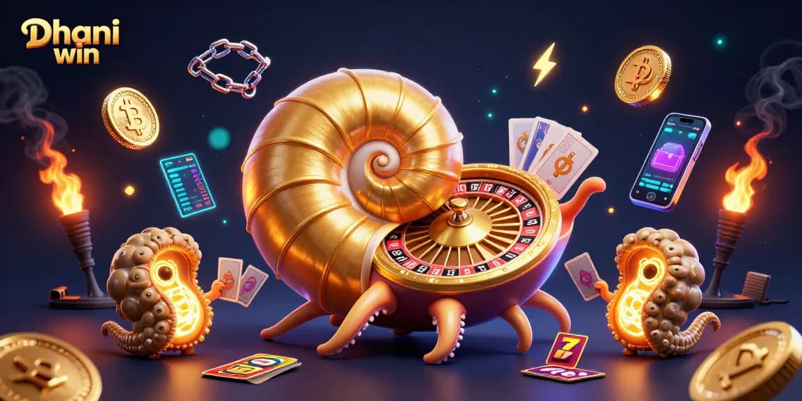 Dhani win offers thrilling casino games with dynamic 3D characters and glowing crypto elements in a vibrant setting.