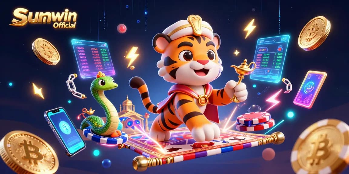 Experience the excitement of Sunwin Official with a vibrant 3D scene featuring casino elements and a tiger sultan.