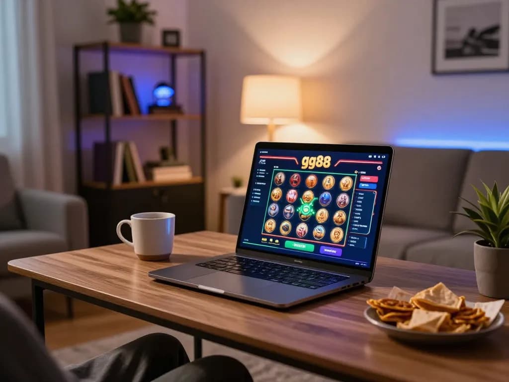 Experience the thrill of gg88 slot gaming in a cozy home setup with a laptop and ambient lighting