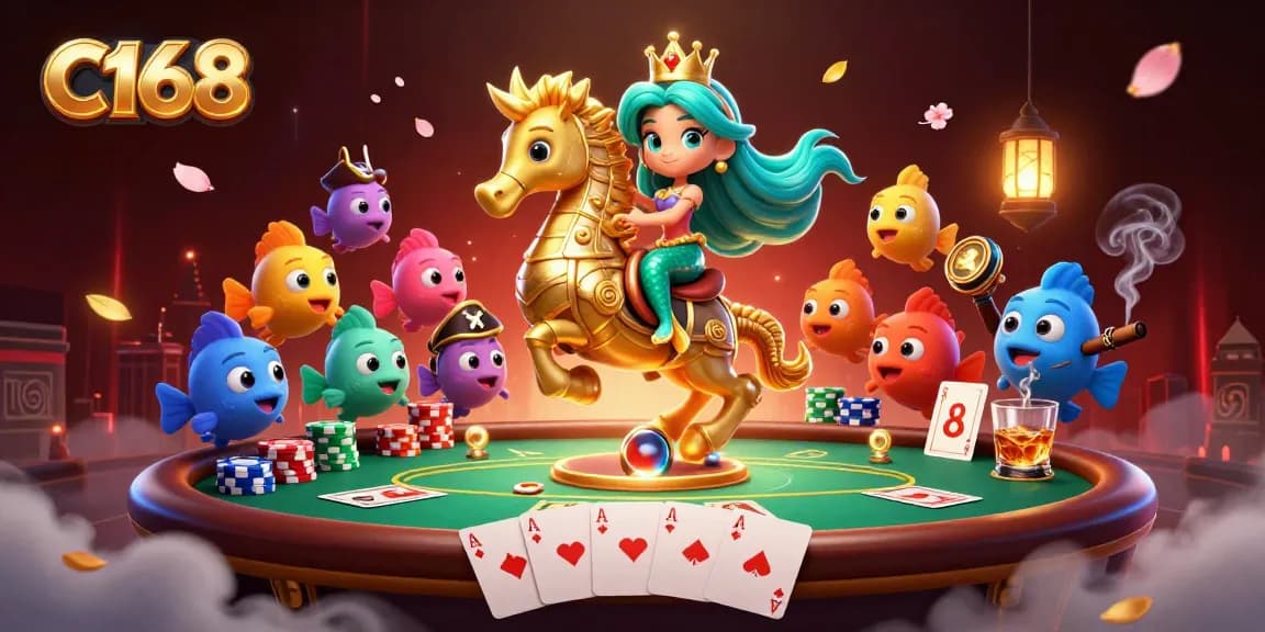 C168 captures a thrilling poker scene with a mermaid princess and seahorse, enhancing the gaming adventure.