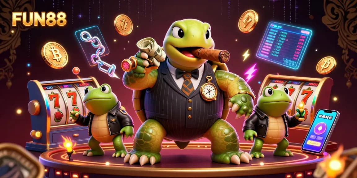Win big with FUN88: vibrant illustration of a turtle mobster and bullfrogs, surrounded by casino elements.