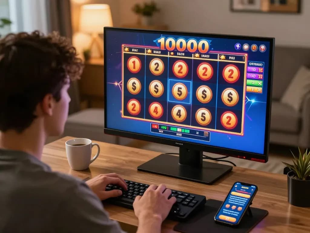 Person focused on slot 10000 gameplay on tablet in cozy home environment.