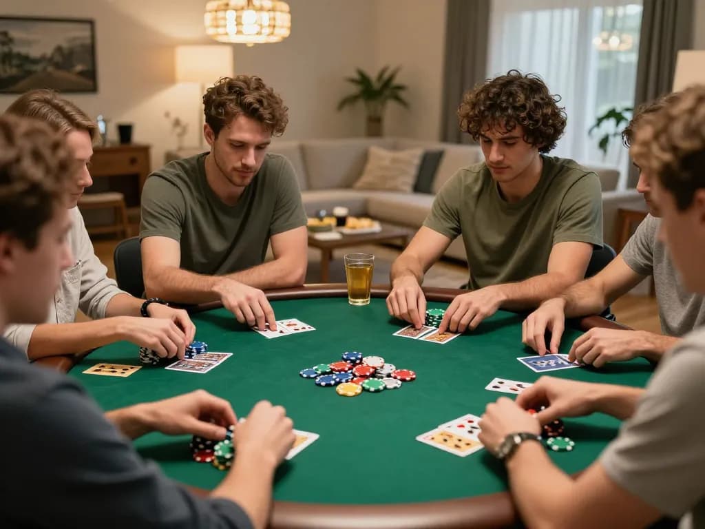 Friends enjoying a go8 poker night with strategic gameplay and colorful chips in a cozy atmosphere