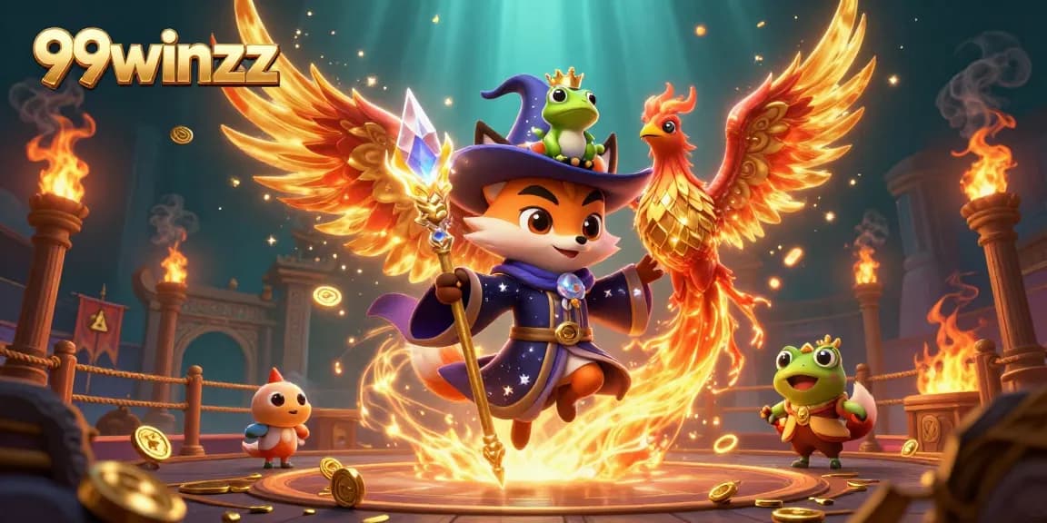 Win exciting betting adventures with 99winzz in an epic casino scene featuring a wizard and phoenix.