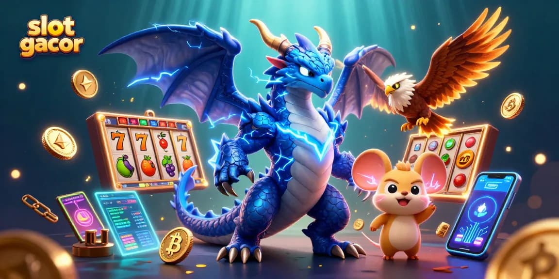 Engage with the slot gacor experience featuring a dynamic 3D dragon and crypto elements in vibrant illustration.
