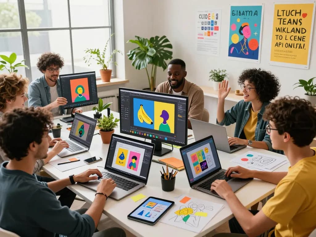 Creators using the nano banana AI image editor in a vibrant workspace, showcasing creativity and collaboration.