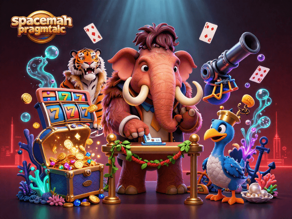 Engage with spaceman pragmatic in a vibrant casino scene filled with lively characters and dynamic gaming elements.