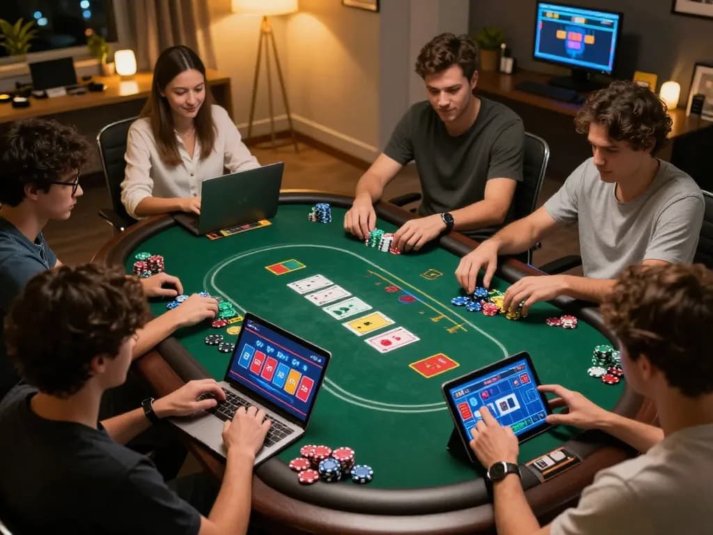 Players engaging in a thrilling online poker game with fly88 in a cozy home setting.