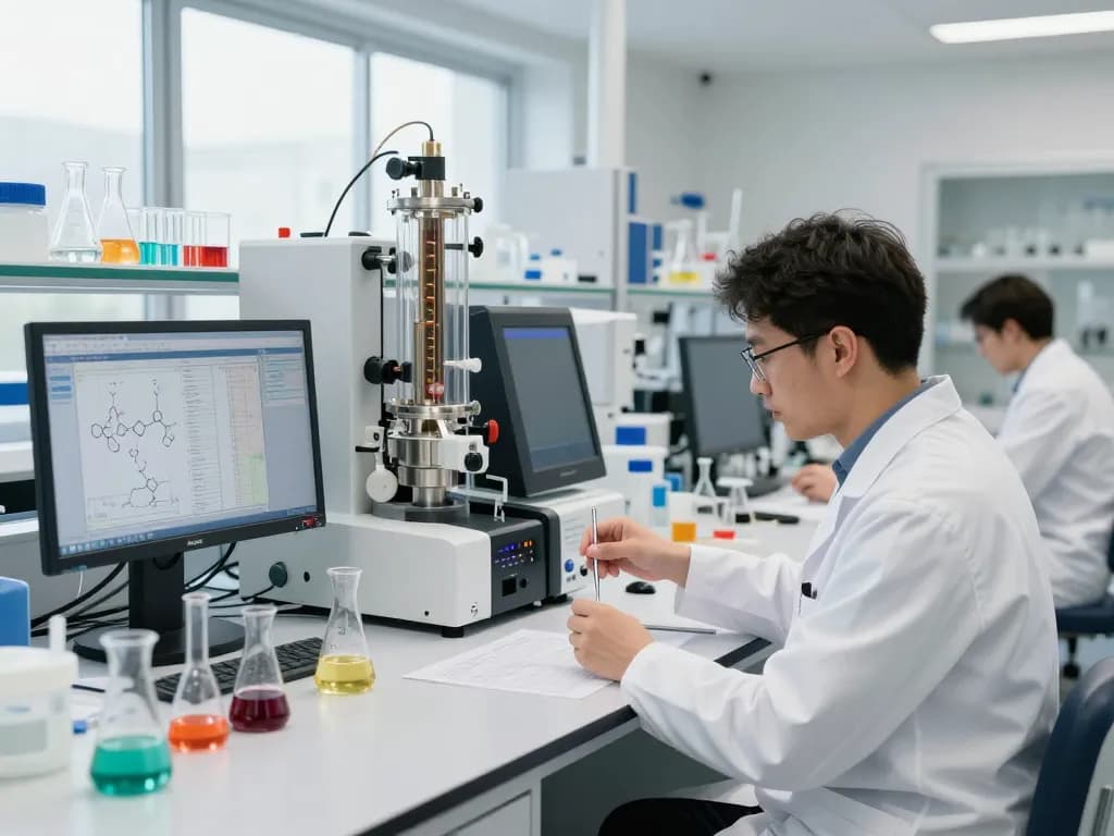 EU cannabinoid manufacturer conducting quality tests in a modern laboratory with high-tech equipment.