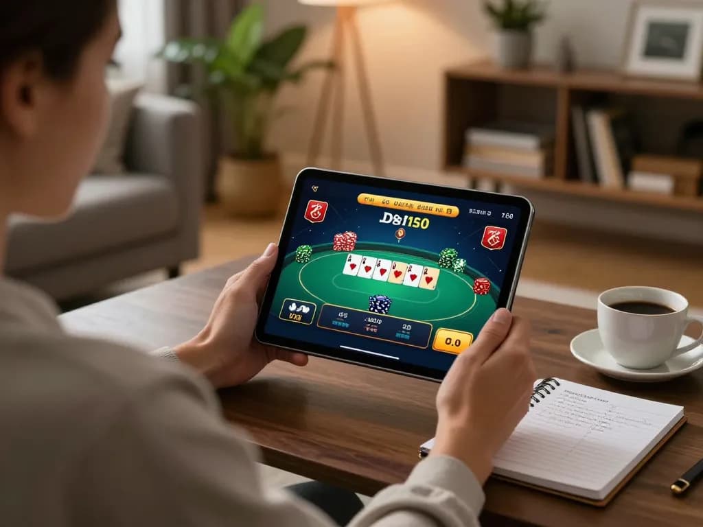 Player engages in online poker on a tablet, experiencing 99win's thrilling gaming atmosphere.